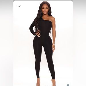 One shoulder long sleeve jumpsuit stretch material.